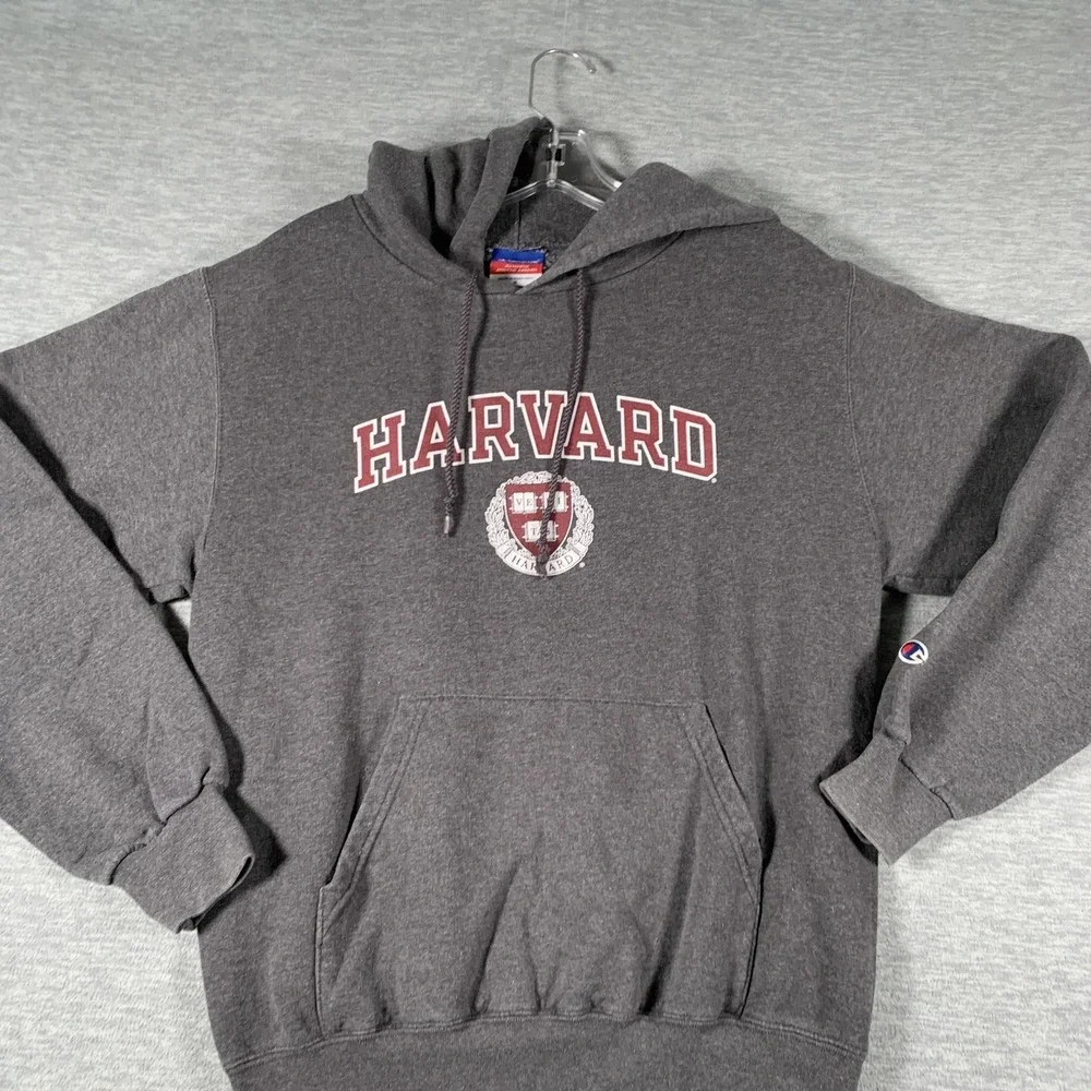 Harvard Hoodie Mens Small Gray Champion Pullover Fleece Sweatshirt‎ Logo Graphic